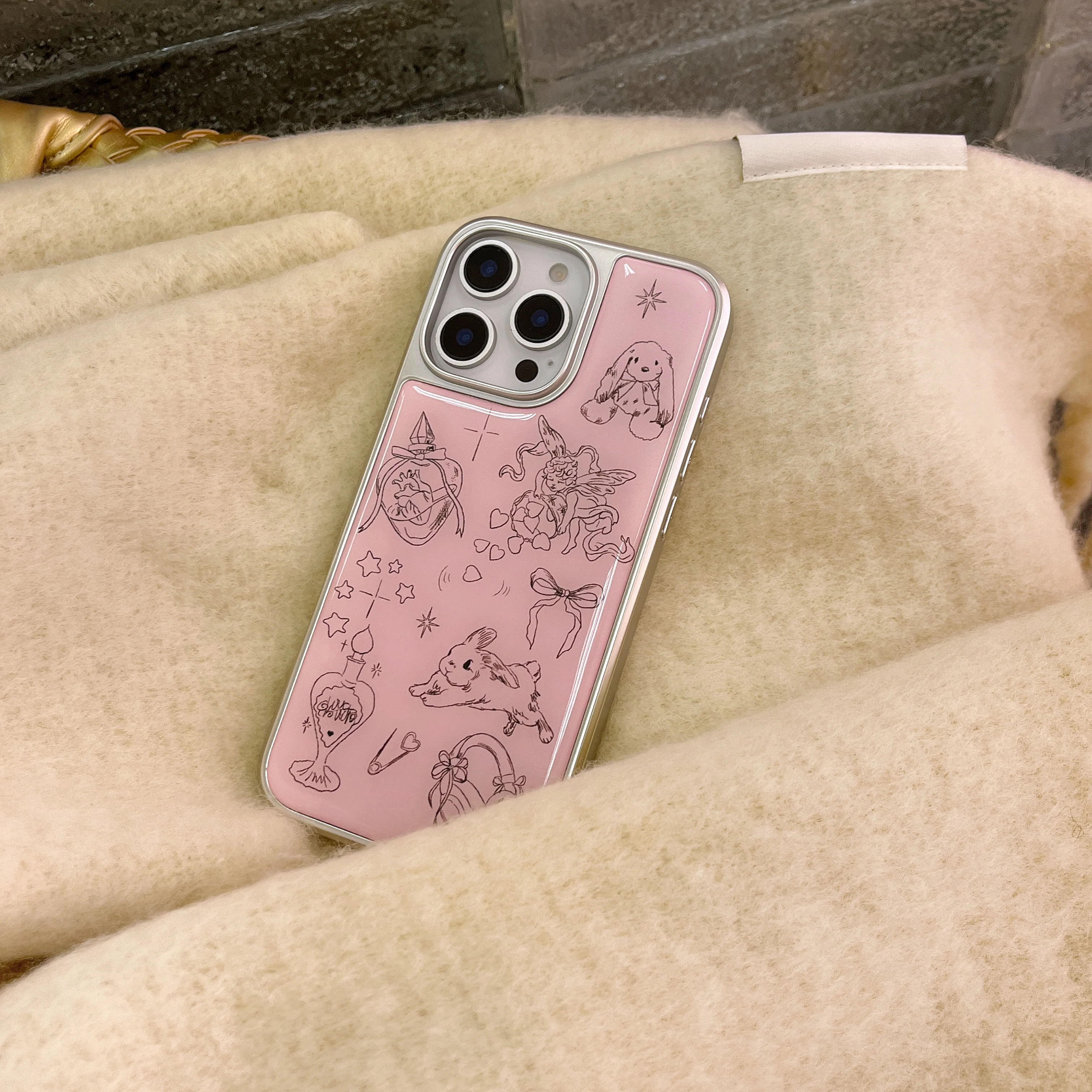 Ins Pink Angel Rabbit Cartoon Bow Love Heart Electroplated Edge Phone Case for iPhone 16 15 14 13 Pro Max 12 Back Cover Funda