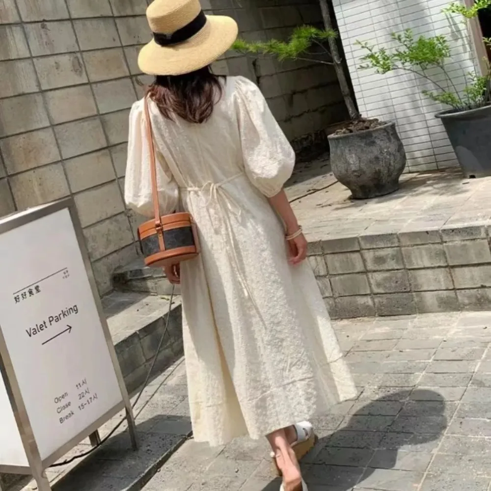 Women\'s Summer Vintage Long Jacquard Dress with Belt Puff Sleeve Flattering Pullover Vestidos Female Robe 2024