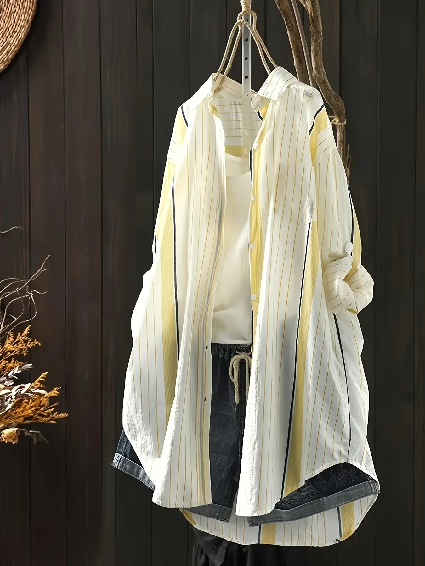 

Striped blouse for women, summer 2025 new style, loose mid-length top, lightweight and breathable, long sleeves, sun-protective