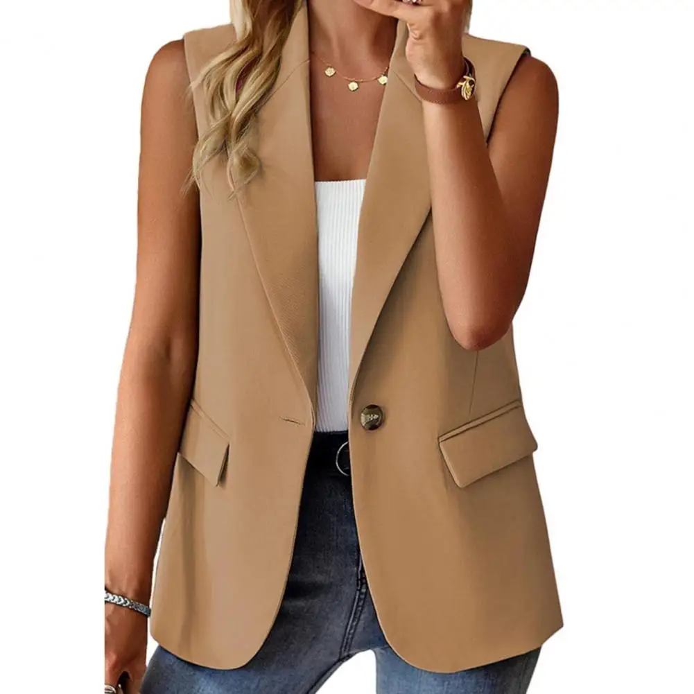 Women Spring Summer Suit Waistcoat Lapel Sleeveless Flap Pockets Suit Coat Solid Color Single Button Placket Vest Coat