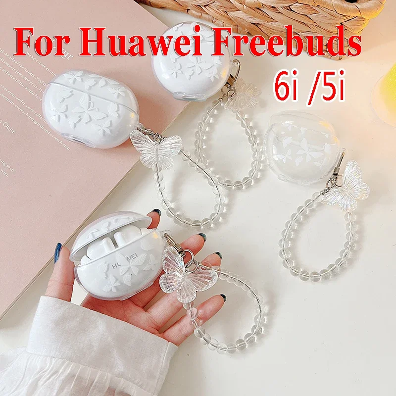 Capa de coração de borboleta bonito para meninas, Huawei Freebuds 6i, Freebuds 5i, Free Buds, Caixa de carregamento