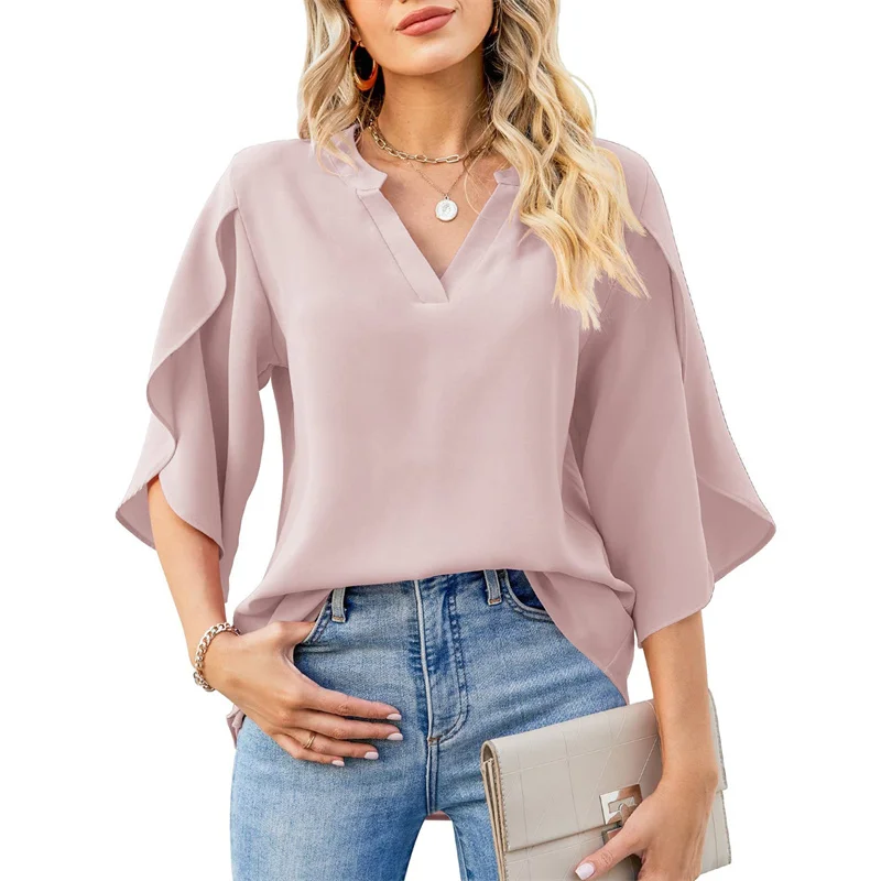 Women Summer Style Chiffon Blouses Shirts Lady Casual Short Flare Sleeve V-Neck Loose Blouse Tops