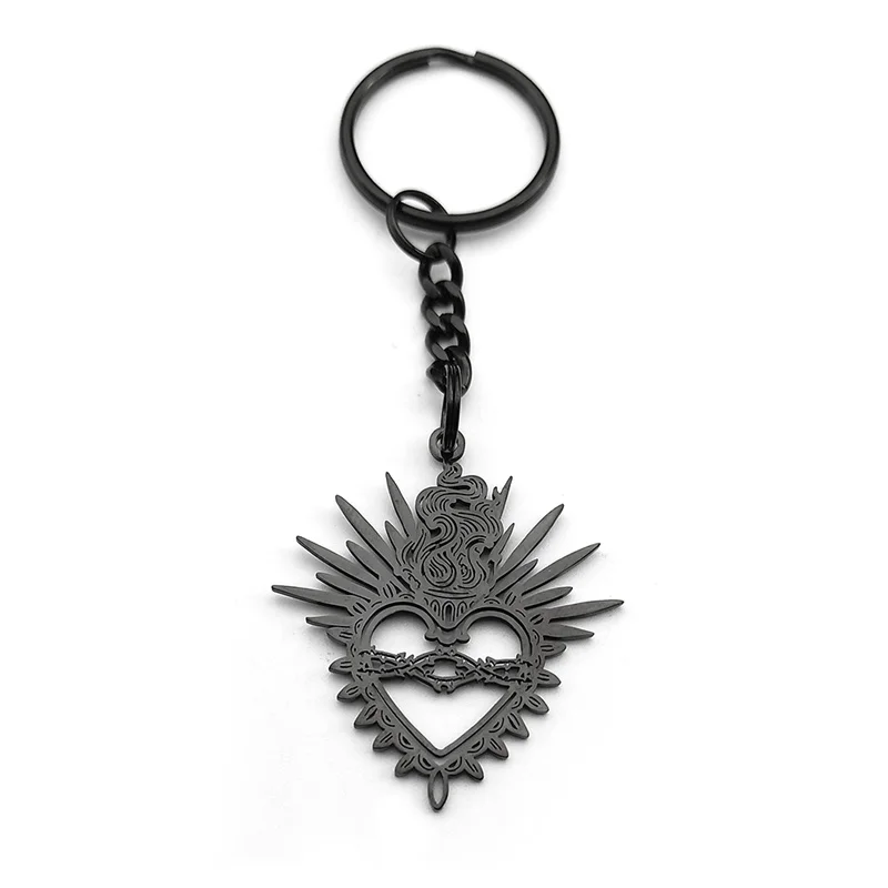 Flaming Sacred Heart Charms Dornen Heiliges Herz Schlüsselanhänger für Frauen Männer Edelstahl Schwarz Glaube Hohl Schlüsselanhänger Schmuck – Detail 3