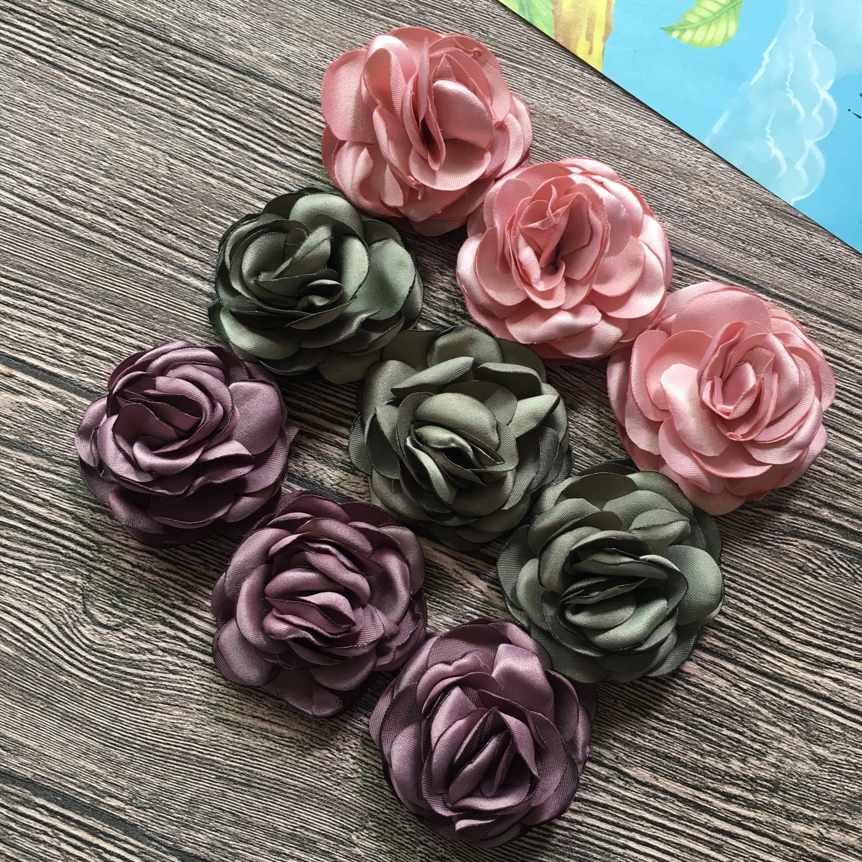 Satin Fabric Flowers Flat Back 2.0 Inch Children DIY Accessories Burned Rosette For Hats Brooches Shoes Garment Wedding