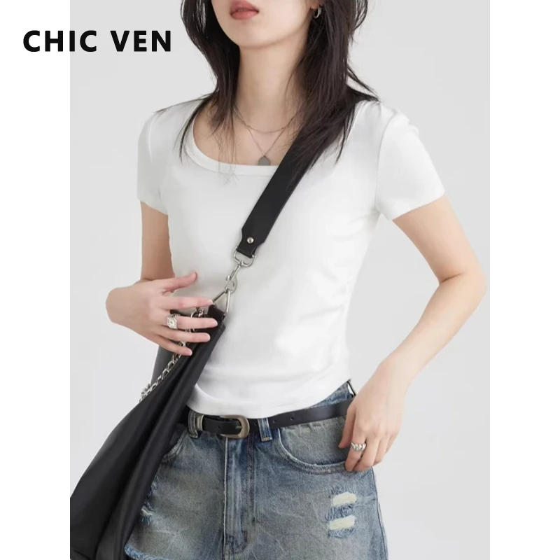

CHIC VEN Women T-Shirts Casual Solid Square Collar Pleated Waist Short Sleeved Basic Tees Female Slim Top Summer 2026