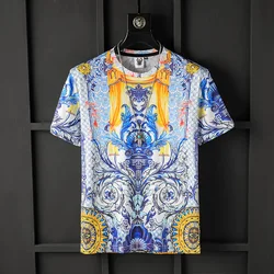 European and American men's wear summer 2022 new  Court print with short sleeves and round collar  Fashion ice silk T-shirt