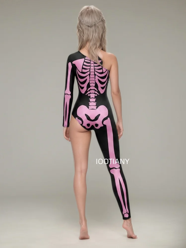 Gotischer Halloween-Skelett-Print-Bodysuit für Damen, One-Shoulder, einlanger Ärmel, asymmetrischer, enger Jumpsuit, Bühnen-Rave-Outfit – Detail 29