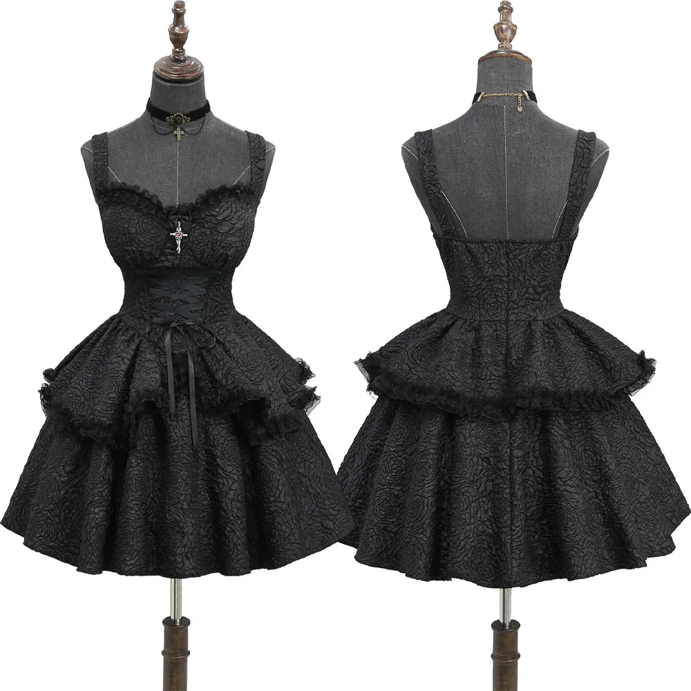 Gothic Rose Jacquard Tank Dress​ Women New Black Lace Trim Cross Lace-up Ruffles Layered A-Line Mini Dress Halloween Vestidos