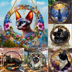 Noble Hairless Cat Black Cat SunCatcher,Acrylic Round Sign Translucent Window Hanging,Gift for Cat Lover,Garden,Yard,House Decor