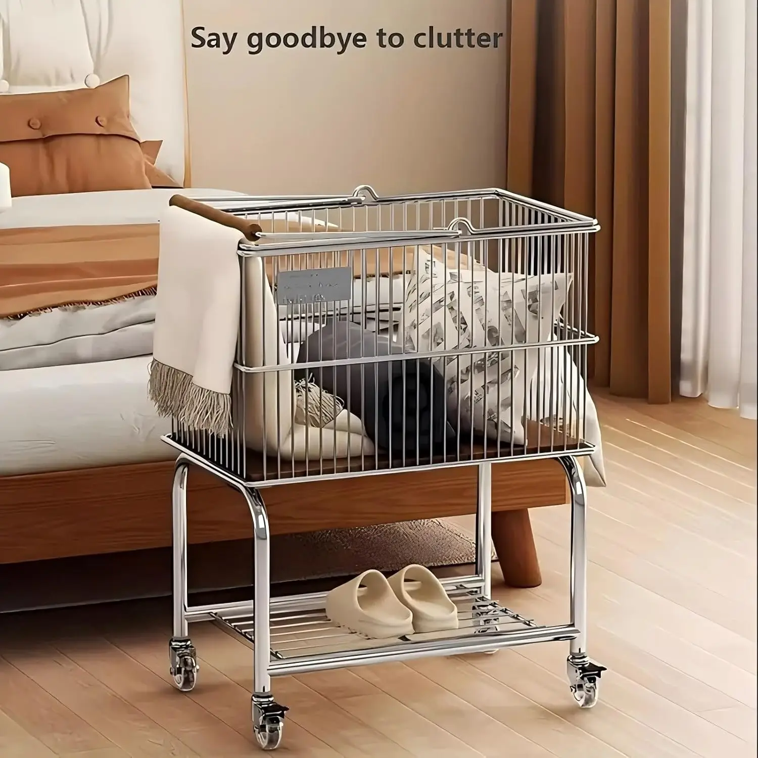 

Laundry Cart,Steel Wire Laundry Cart,Heavy Duty Commercial Wire Laundry Basket Cart, 2-tier Metal Hamper with 4 Wheels Storage