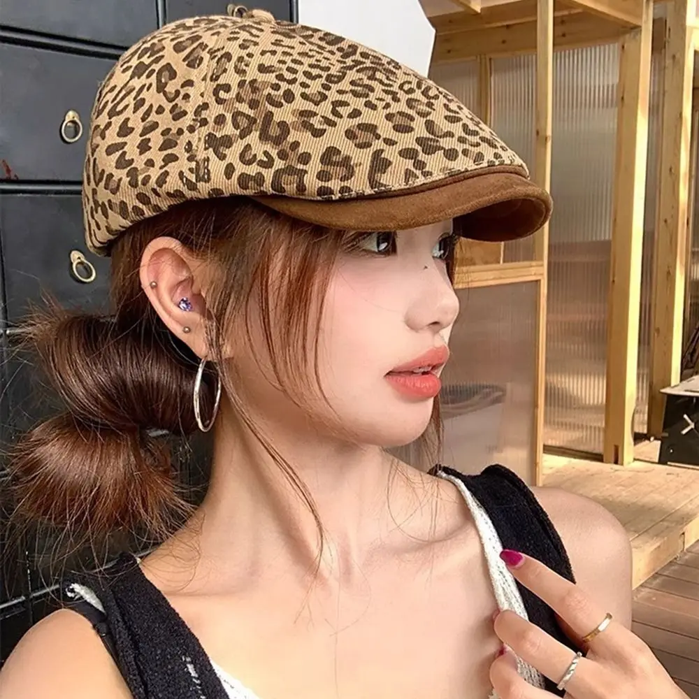 

Trend Vintage Leopard Print Beret Flat Y2k Leopard Newsboy Cap Classic Versatile Painter Cap Outdoor