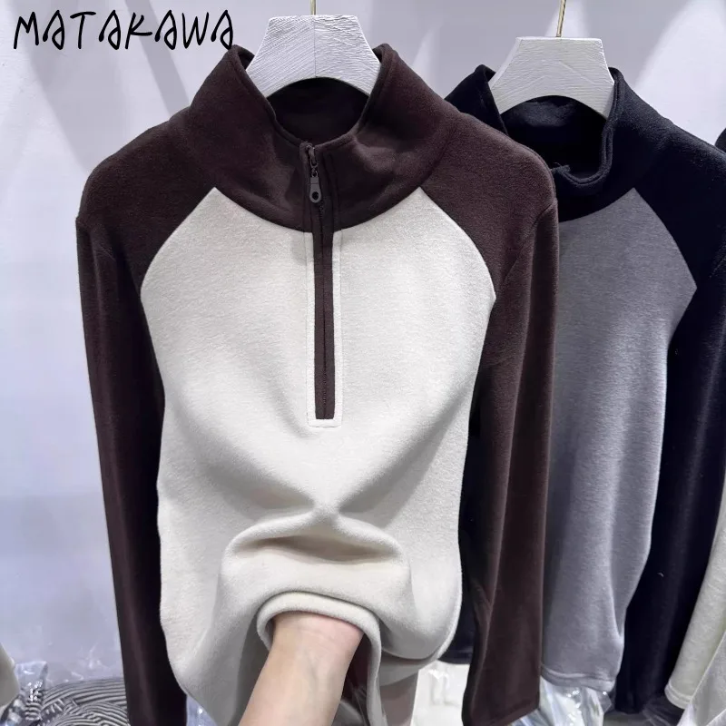 Matakawa Autumn Winter Thick Fleece T Shirt for Women Zipper Half High Collar Ropa De Mujer Vintage Warm Fashion Camisetas