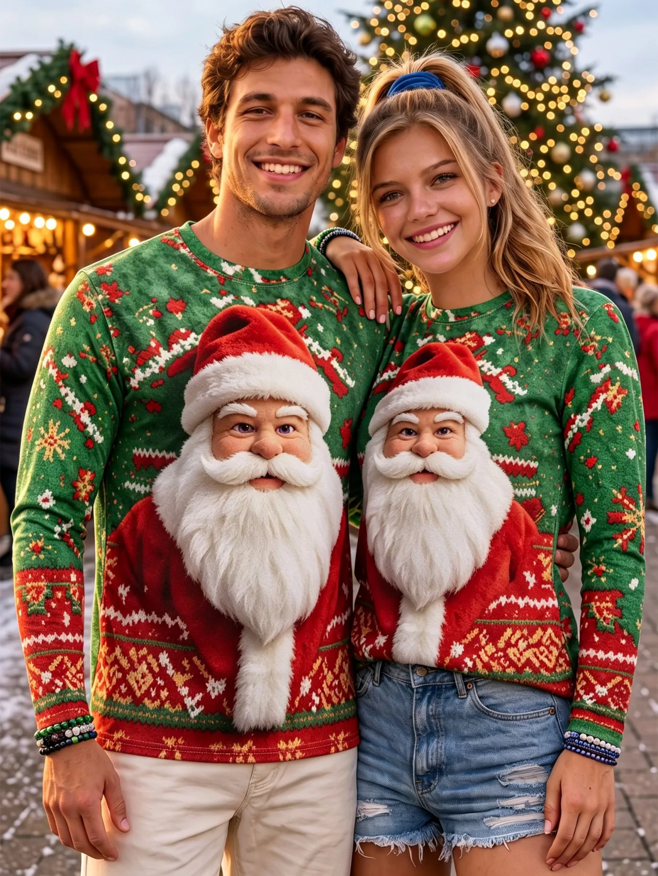 Unisex Couple Long Sleeve Ugly Christmas Tshirts 3D Print Green Santa Pattern Round Neck Holiday Casual Tops Men Clothing