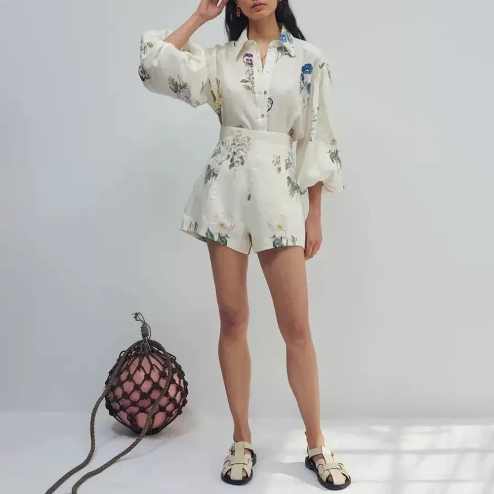 New 2024 Autumn Women's Fashion Printed Puff Sleeve Long Sleeve Shirt High Waisted Shorts Set Retro Floral Two-piece Women