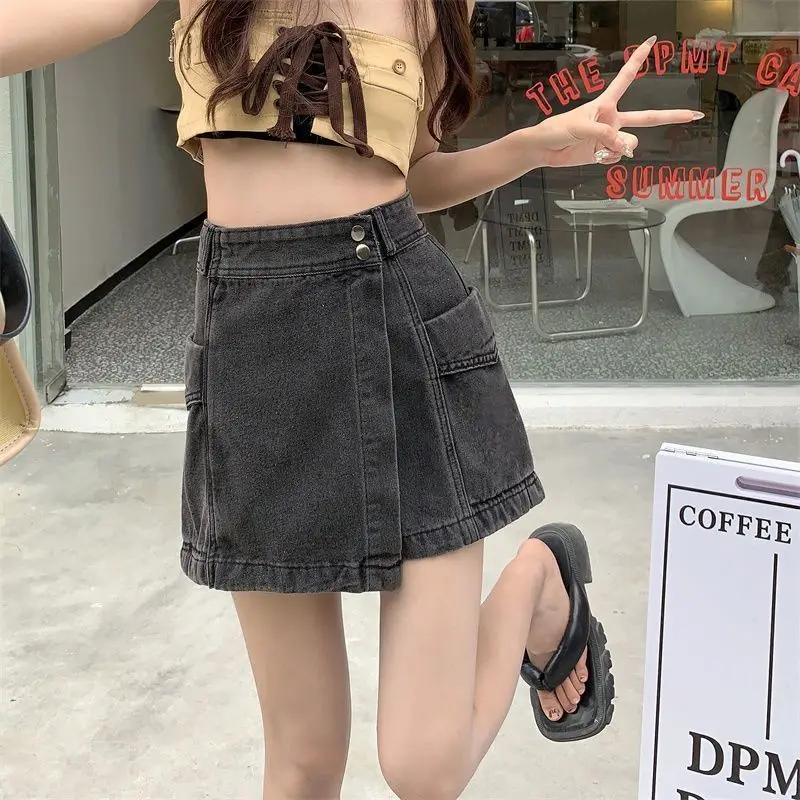 Black-gray Denim Mini Skirts Women Vintage High Waist Korean Fashion Summer Cargo Skirt Lovely Female Sexy Casual Street Wear