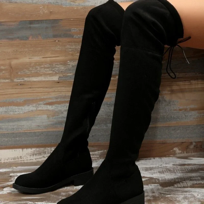 Plus Size 34-43 Winter Over The Knee Boots Women Stretch Fabric Thigh High Sexy Woman Shoes Black Long Boots Zapatos De Mujer