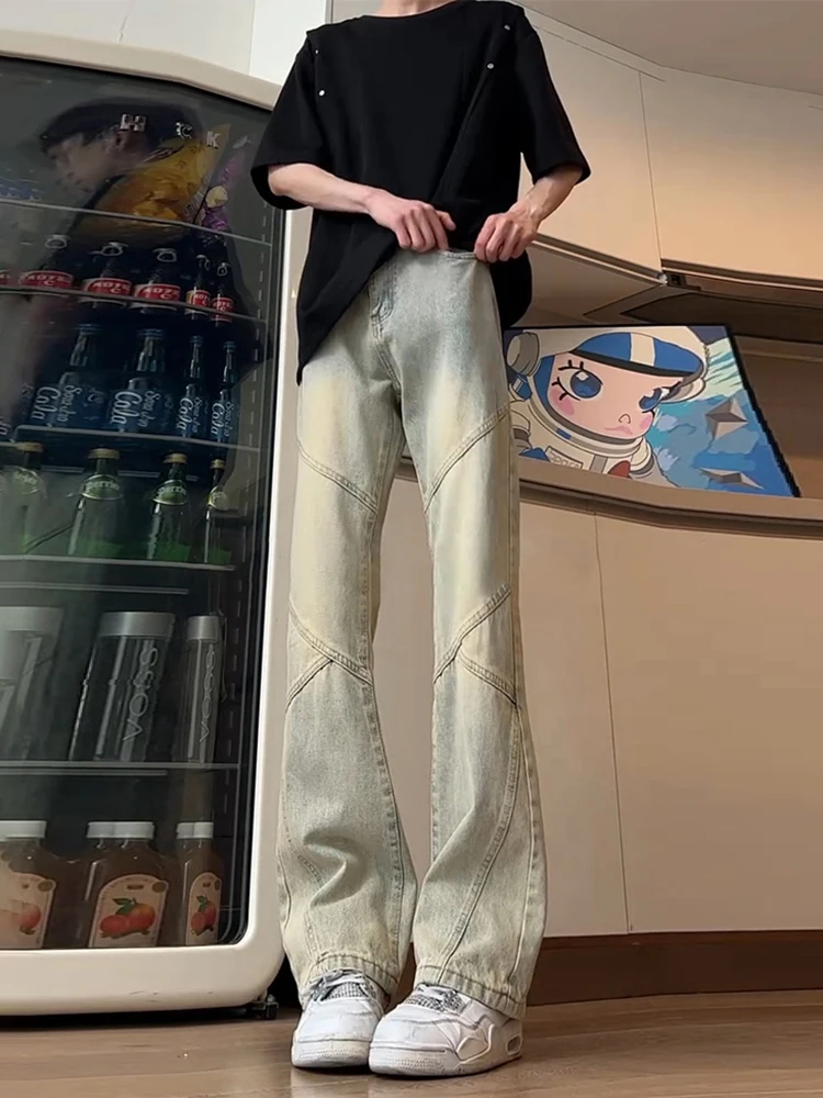 

Мужские летние тонкие джинсы-пэчворк цвета желтой глины в американском стиле, рабочие брюки, зауженные прямые брюки с микро-клешем