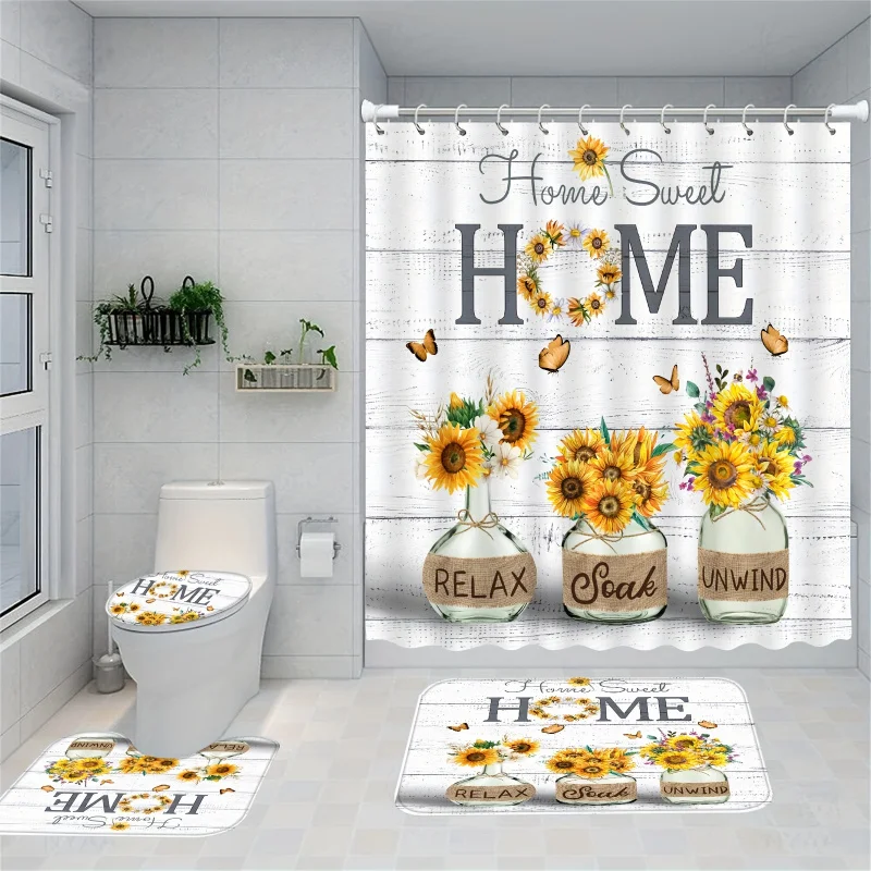 1/4PCs vase sunflower set, waterproof anti-mold bathroom shower curtain with non-slip rugs, toilet lid cover, and