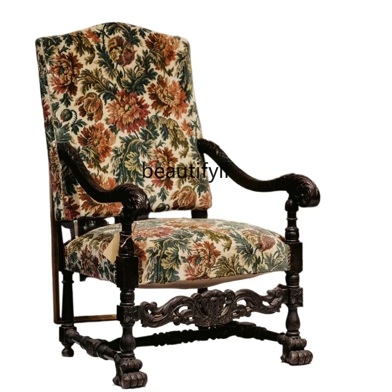 American Casual Handmade Carved Solid Wood Fabric Dining Chair Balcony Mild Luxury Retro Middle Ancient Classic French Style