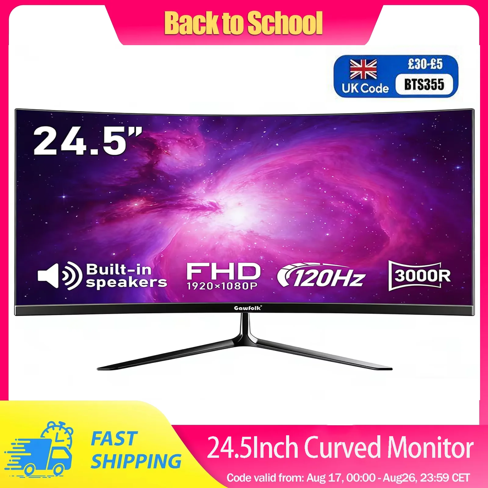 Gawfolk 24.5Inch Curved Monitor Built-in Speakers Frameless 120hz Monitor Full HD 1080P,Wall Mount Compatible