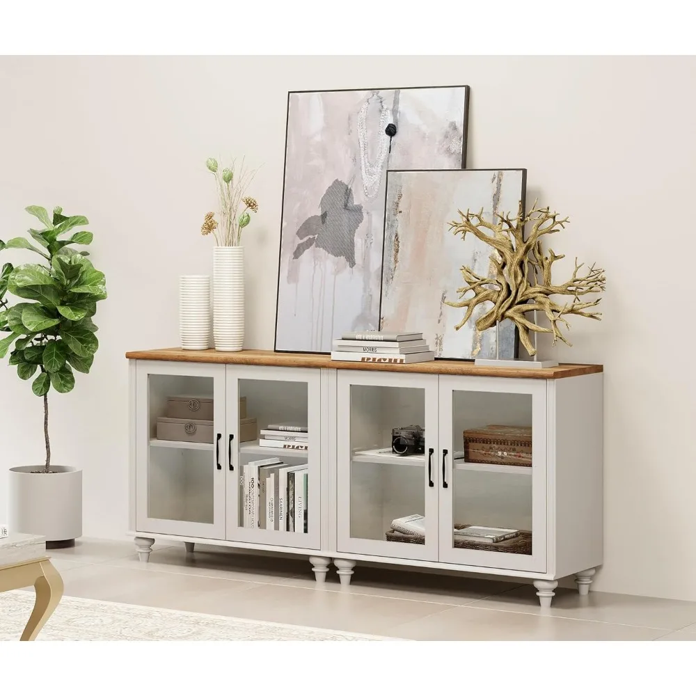 Buffetschrank mit 4 Glastüren, großer Couchtisch, Holzküchenschränke mit Aufbewahrungsschränken, modernes Bauernhaus