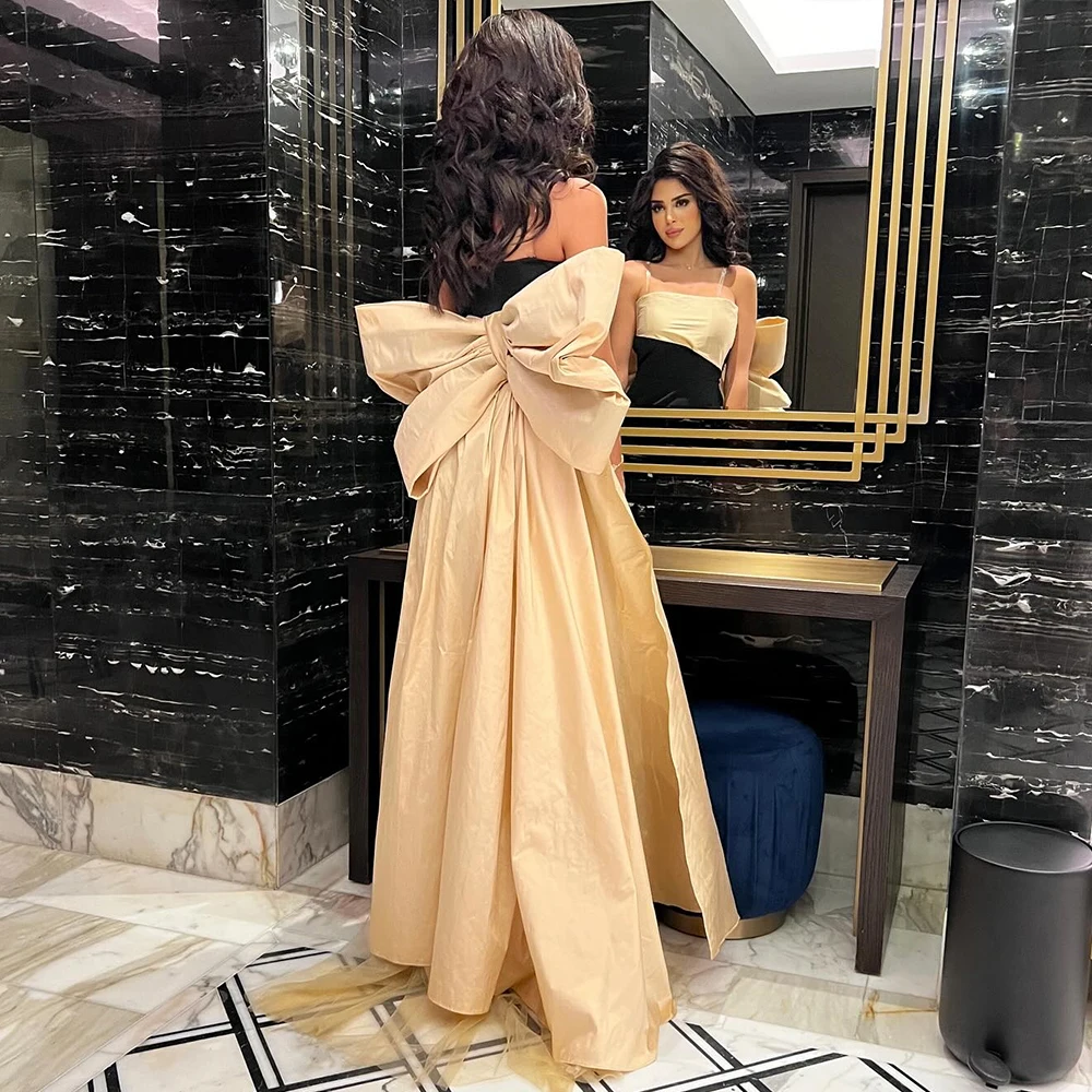 

Formal Women's Cocktail Dresses 2025 Satin Sheath/Column Prom Dress Black and Champagne Strapless Bow Watteau Train Party Dress