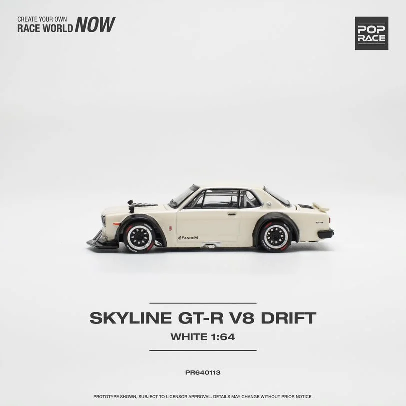 Pop Race In Stock 1:64 Skyline GTR KPGC10 Hakosuka V8 Drift White Openable Hood Diecast Diorama Car Model