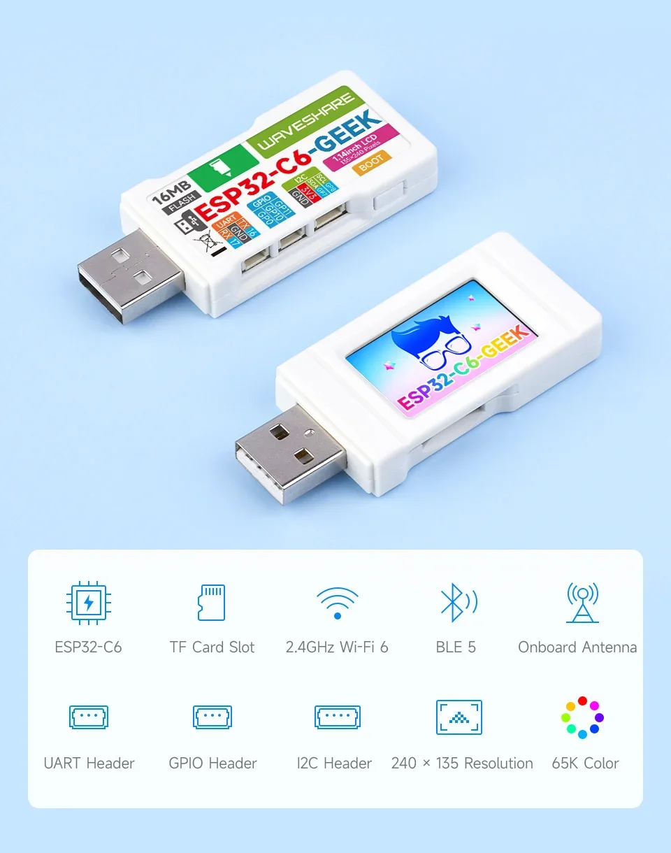 ESP32 C6 GEEK Development Board  With 1.14inch 65K Color LCD 240  135 Resolution Supports 2.4GHz WiFi 6  BLE 5 USB A Port