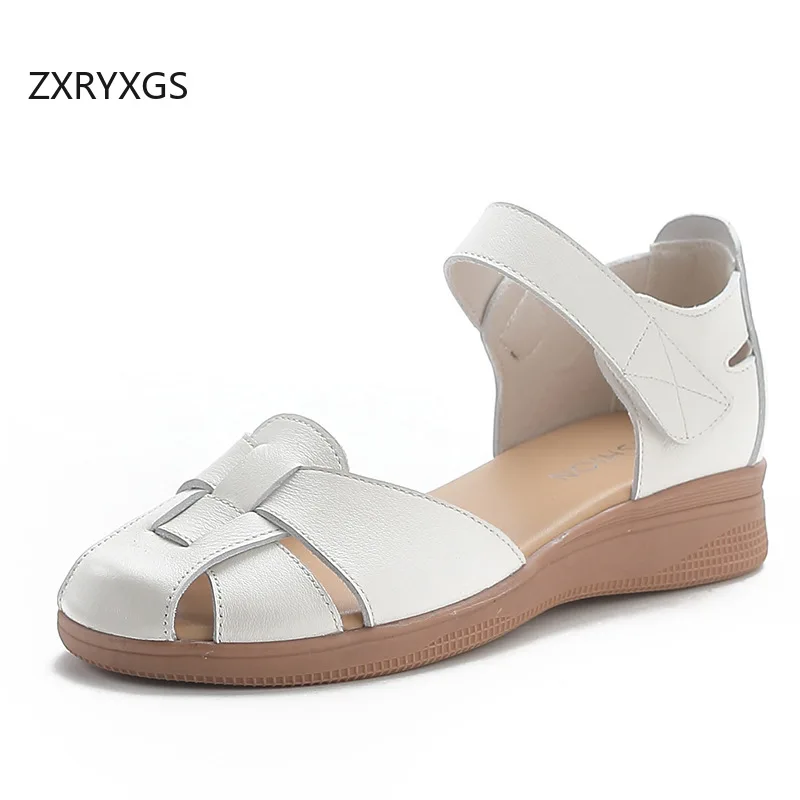 

ZXRYXGS Superior Cowhide Veave Hollow Women Leather Sandals Flat Wedges Shoes Woman Sandals 2024 Summer Soft Comfortable Sandals