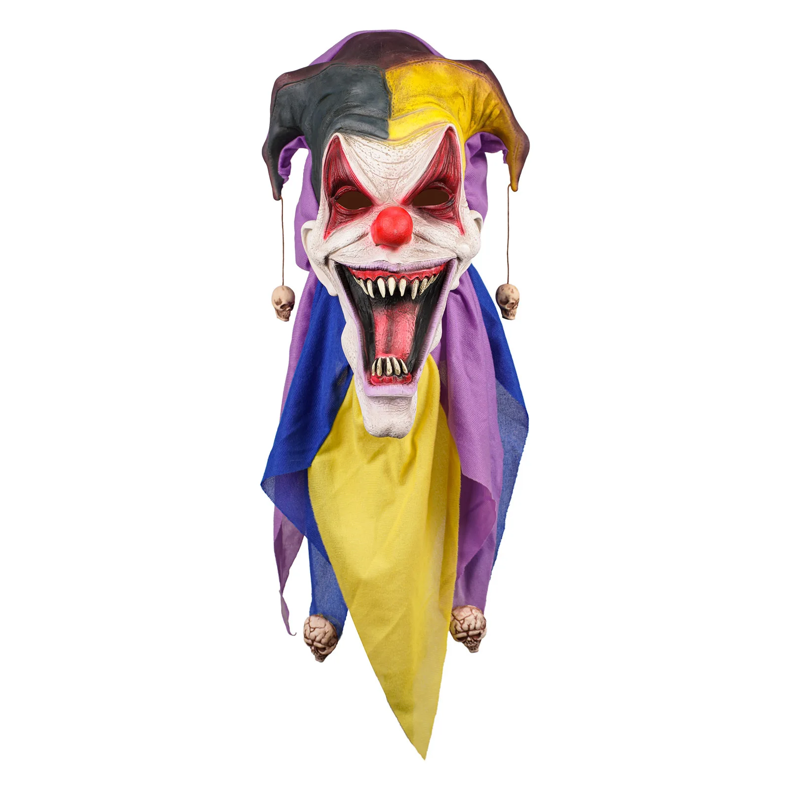 Halloween Scary Clown Mask, Latex Headgear with Color Pointed Hat & Skull Pendant for Haunted House Escape Cosplay Props