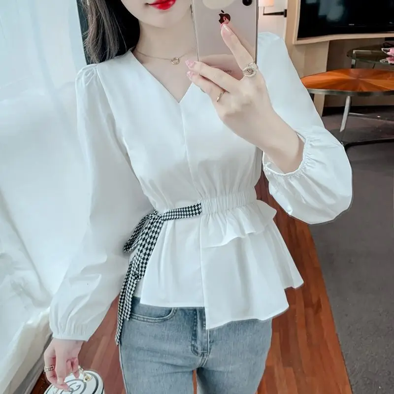 Women\'s Clothing Drawstring Bow Shirt Spring Autumn Commute Waist Ruffles Folds Fashion Asymmetrical Basic Casual V-Neck Blouse