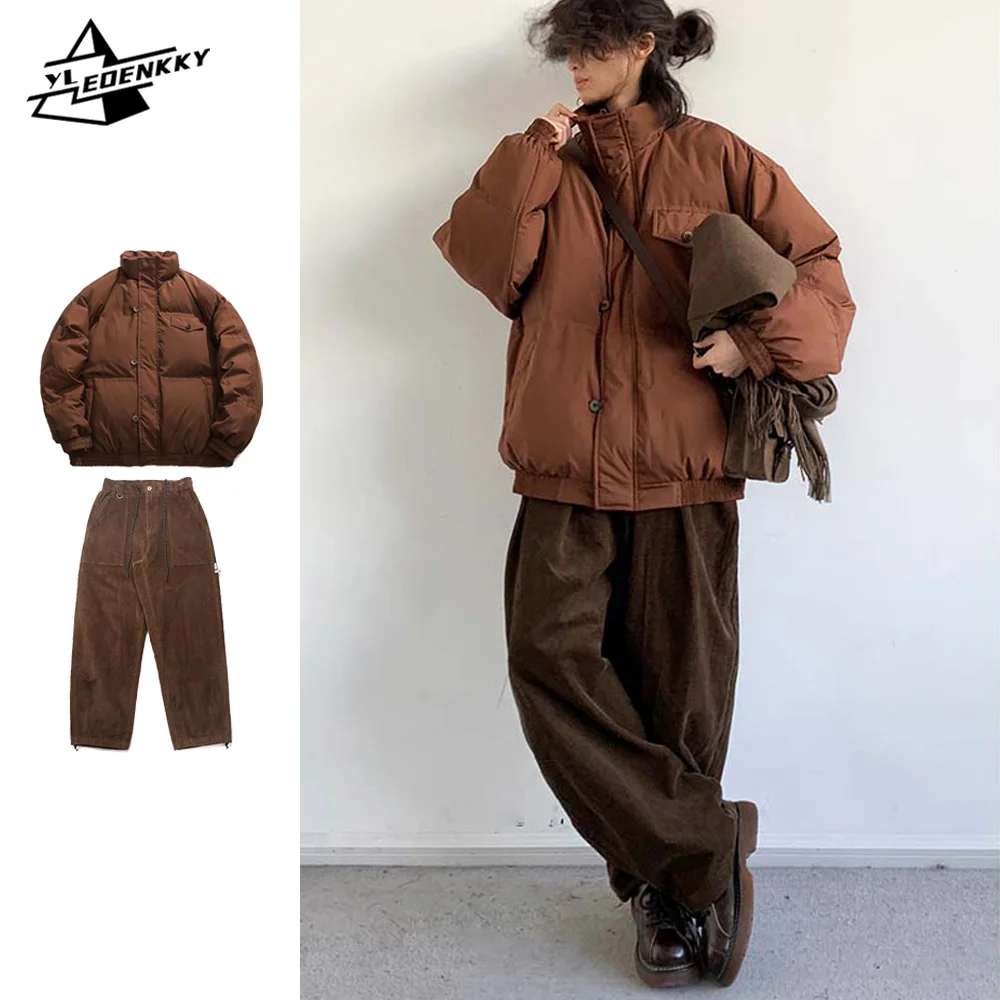 Winter Vintage Set Men Women Thickened Warm Cargo Bread Jacket+Loose Wide-leg Corduroy Casual Pants Street Oversize Unisex Suit