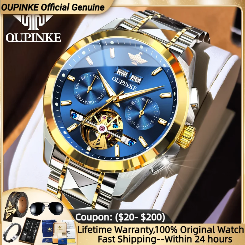 

OUPINKE 3290 Mens Watch Top Brand Dual Calendar Display Waterproof Luminous Tungsten steel Band Sapphire Mirror Watches