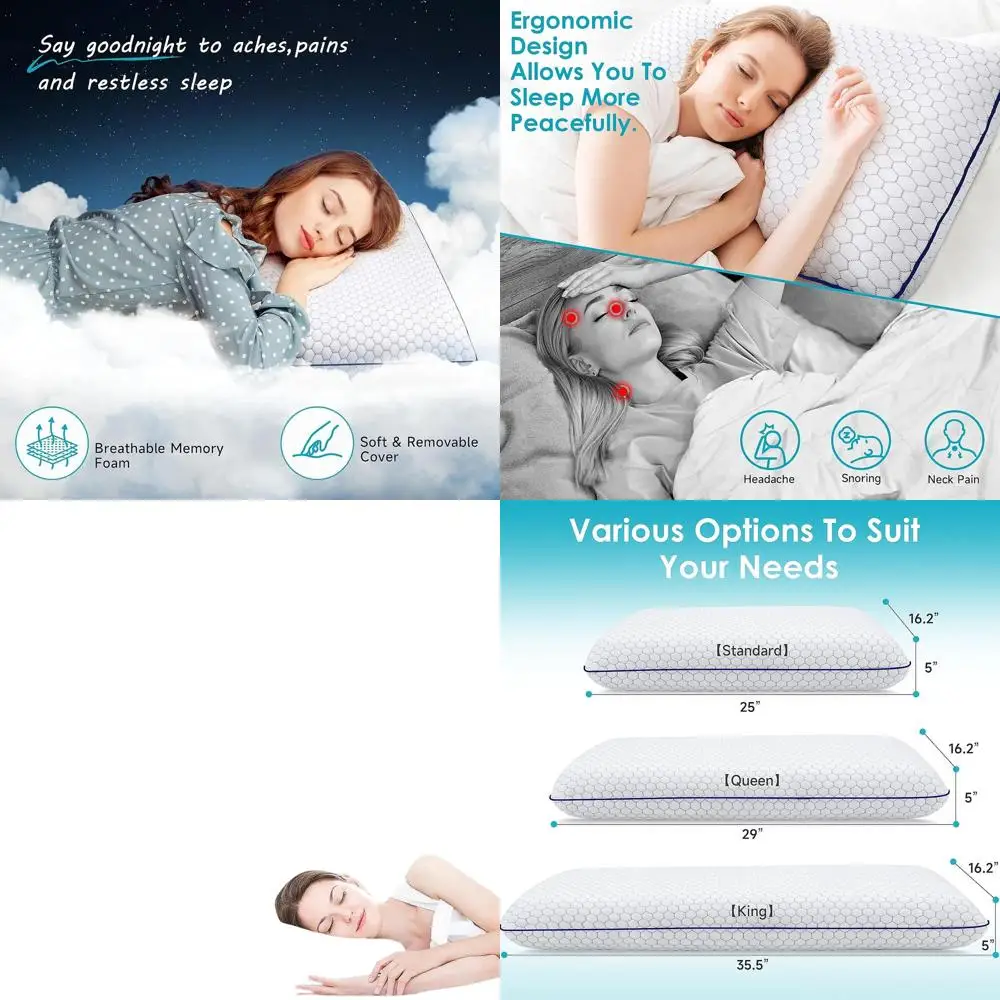 

Memory Foam Pillows for Side, Back, and Stomach Sleepers - Set of 2 with Washable Covers and Breathable Mesh, Grey, King Size