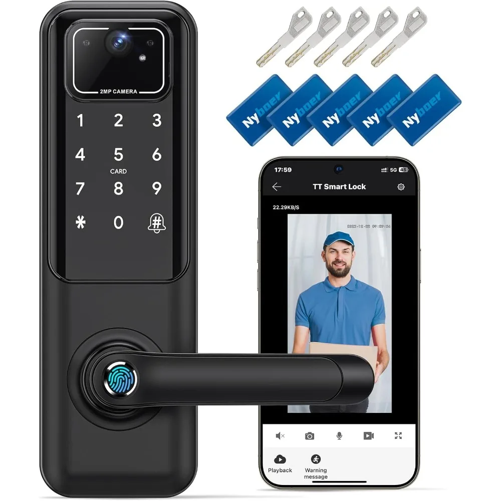 

Wifi Camera Video Smart Door Lock with Fingerprint, Keyless Entry, Electronic Digital Keypad with Handle, Electric Lock