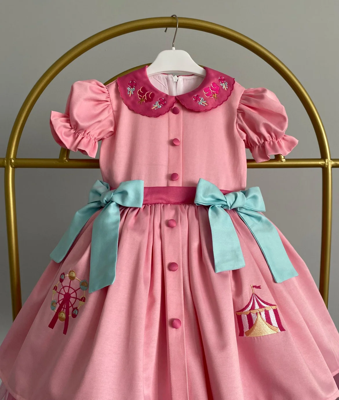 Girls Summer Pink Vintage Princess Dress with Circus Embroidery+two Bows Design for Birthday Party Holiday Photography B588