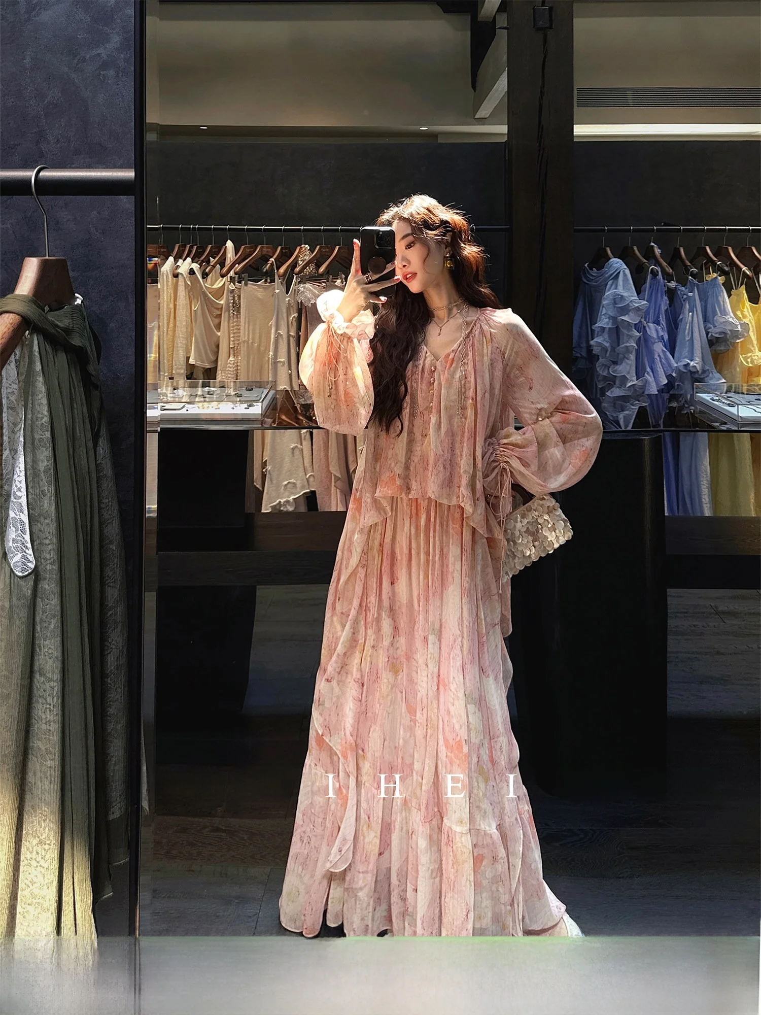 

New Chinese Style Three-piece Long Skirt Dress Women Summer Fashionable Black Flower Woven Gold Shantou Commute Simple Style
