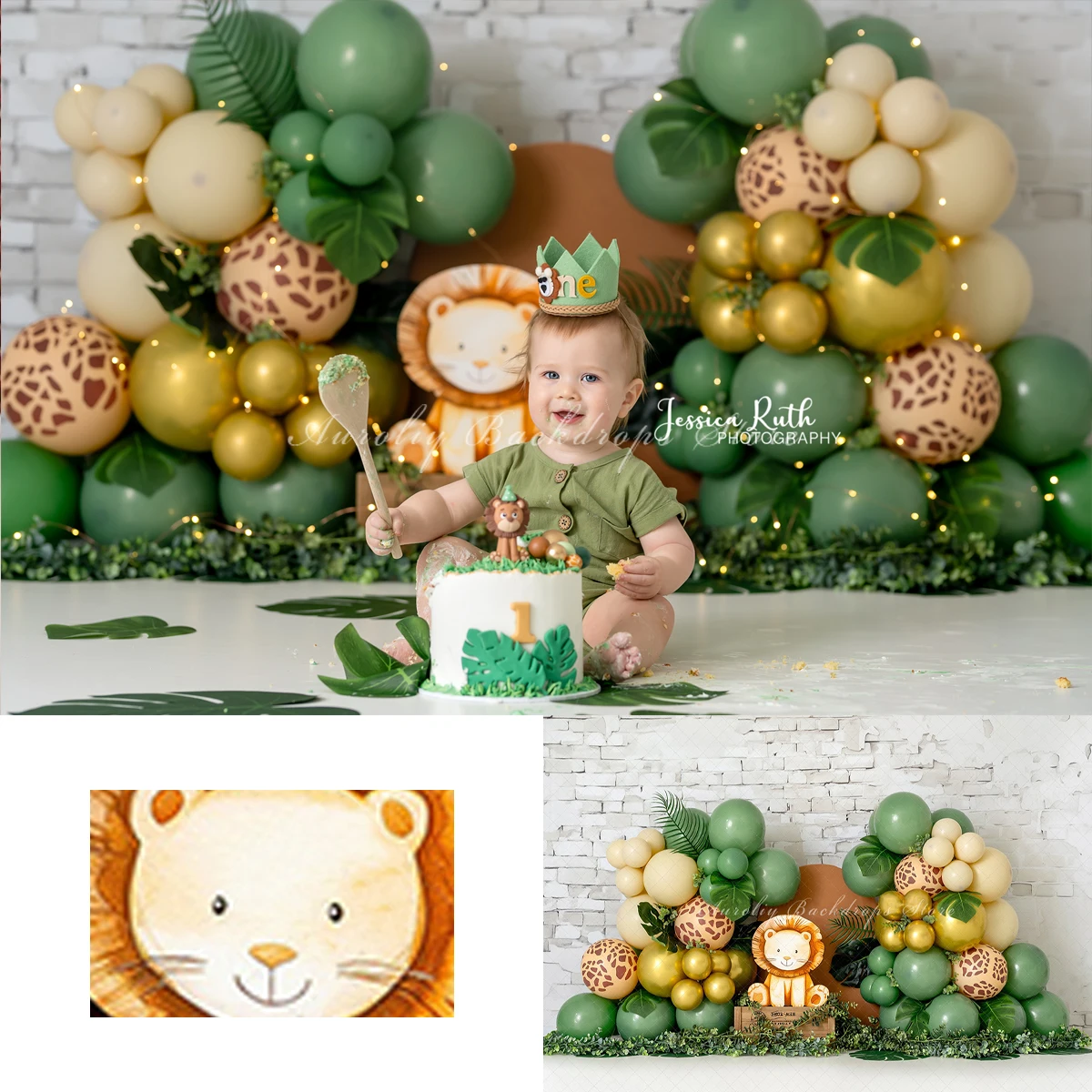 

Jungle Lion Balloon Background Cake Smash Kids Adult Photography Props Child Baby Forest Green Leave Decor Studio Photo Backdrop