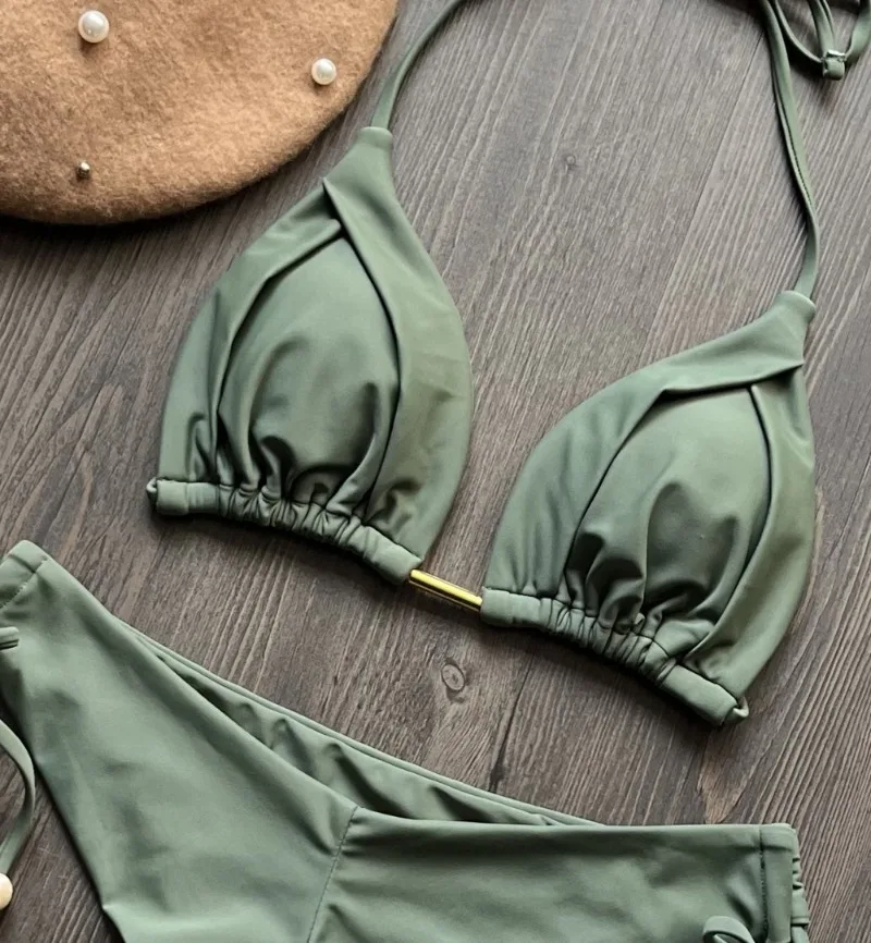 New Sexy Triangle Bathing Suit for Women Lace Up Brazilian Bikinis Halter Swimwear Push Up Swimsuit Metal Chain Beach Bikini Set