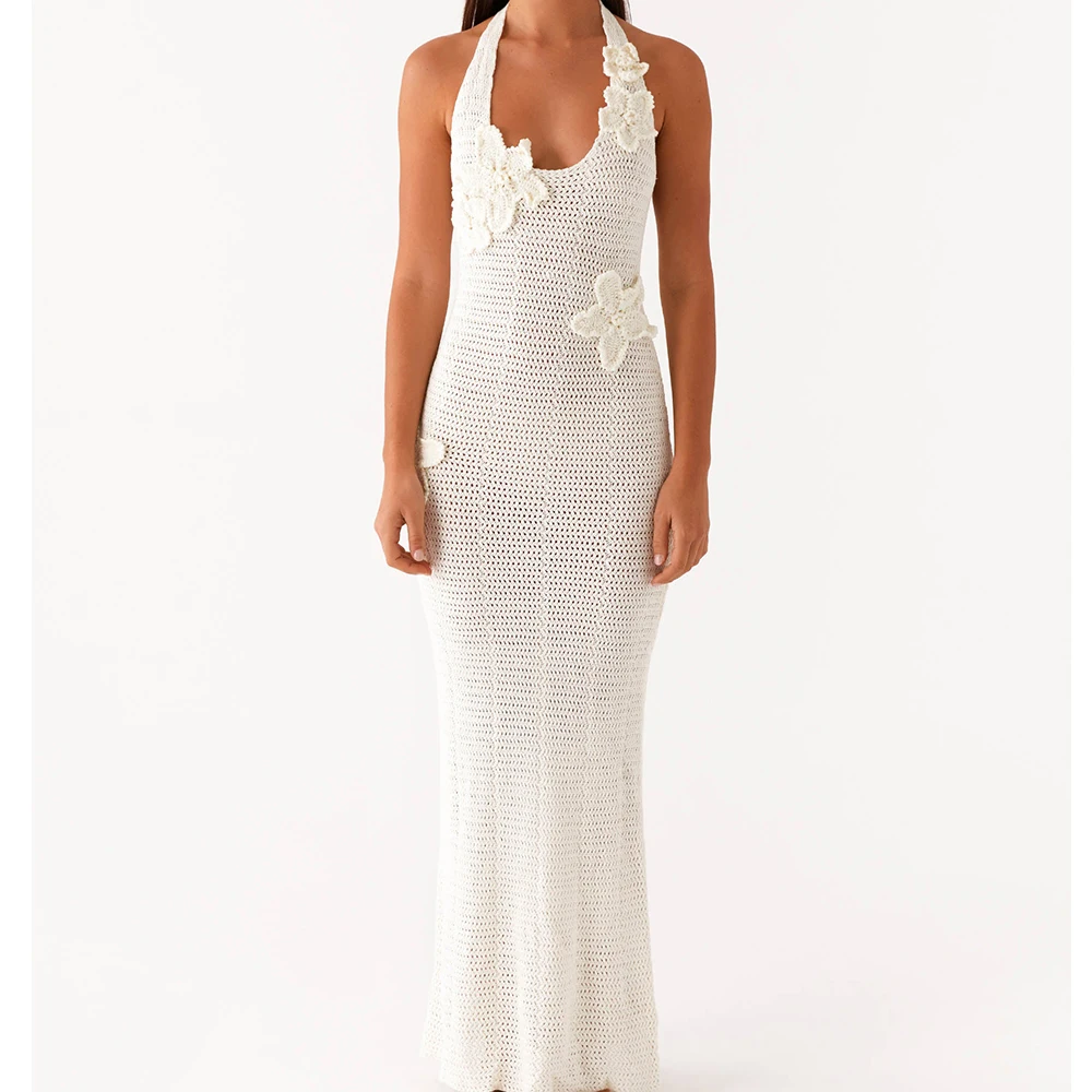 ผู้หญิงวินเทจถัก Halter Maxi ชุด 3D ดอกไม้ Bodycon ชุดยาวเซ็กซี่สปาเก็ตตี้สายคล้องคอ Backless ค็อกเทลปาร์ตี้ Sundress