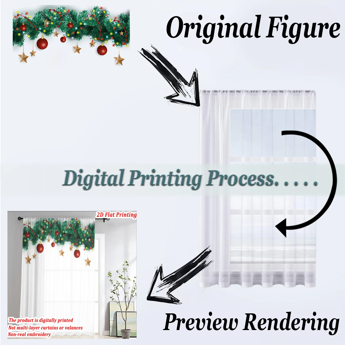 Tenda velata con stampa piatta natalizia con palla di Natale, ornamento a stella, ramo di pino per decorazioni per la camera da letto del soggiorno, feste