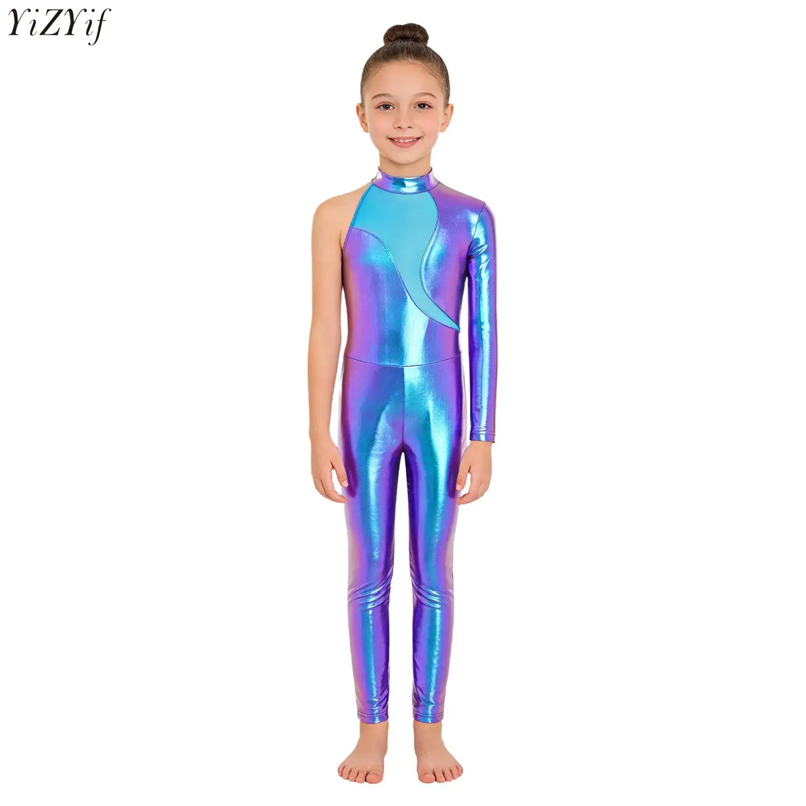 

Kids Girls Ballerina Dance Metallic Jumpsuit Children's Gymnastics Bodysuit Performance Costume Long Sleeve Full Length Leotard
