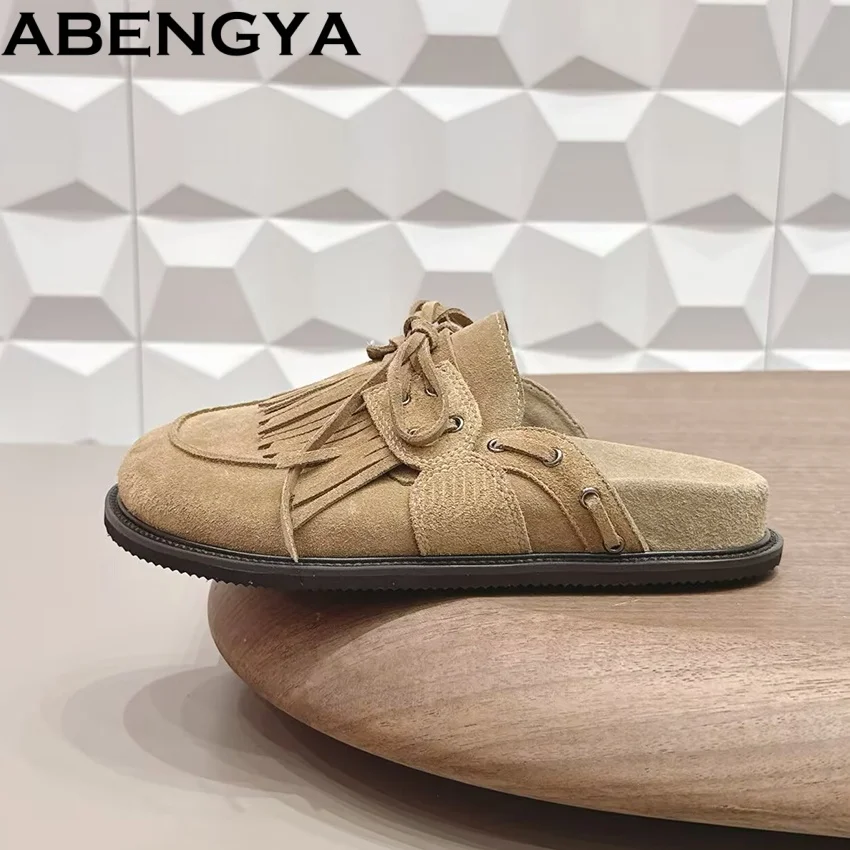 

Новые замшевые кожаные шлепанцы-мюли для женщин, с круглым носком, с бахромой, повседневные, удобные, без задника