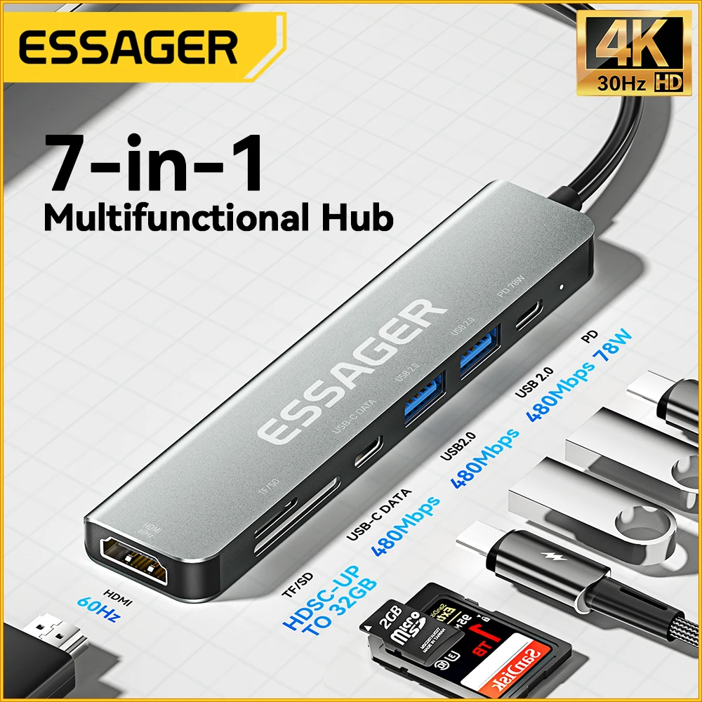 Essager Usb C Hub Usb Type-c to HDMI-compatible Laptop Dock Station For Macbook Pro Air M1 M2 Extensor USB 3.0 Adapter Splitter