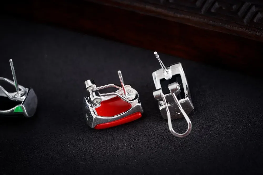 Vintage charm lady\'s 925 Silver Hook Red Coral Marcasite Square Earring Brincos Ohrringe Sterling Silver Jewelry Earring