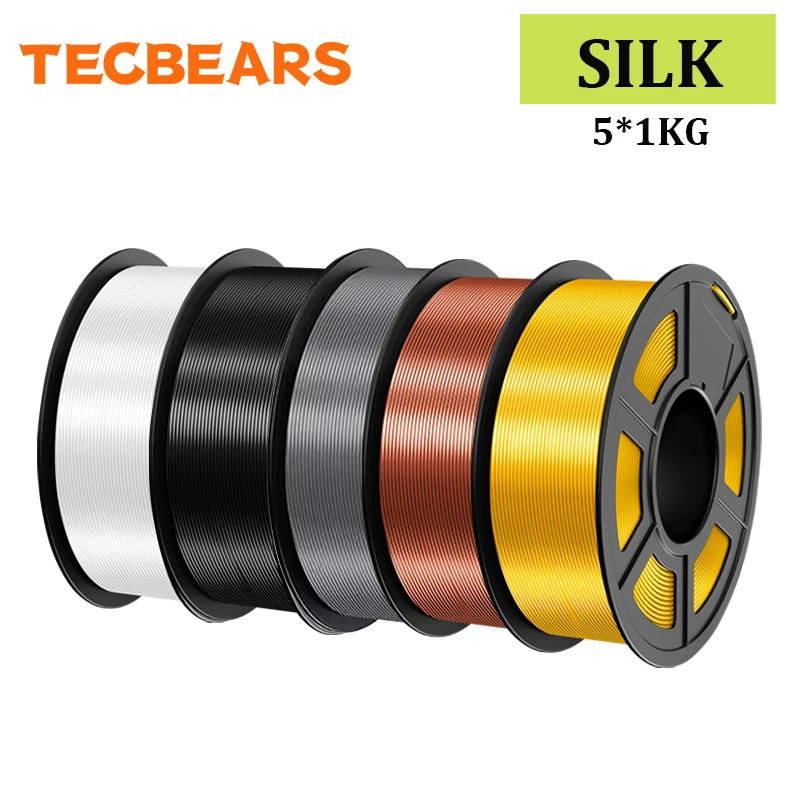 

TECBEARS 3D Printer Filament 5Rolls 5KG Multi Color PLA+ SILK Neatly Wound Coloful HighToughness No Bubble for FDM DIY Material