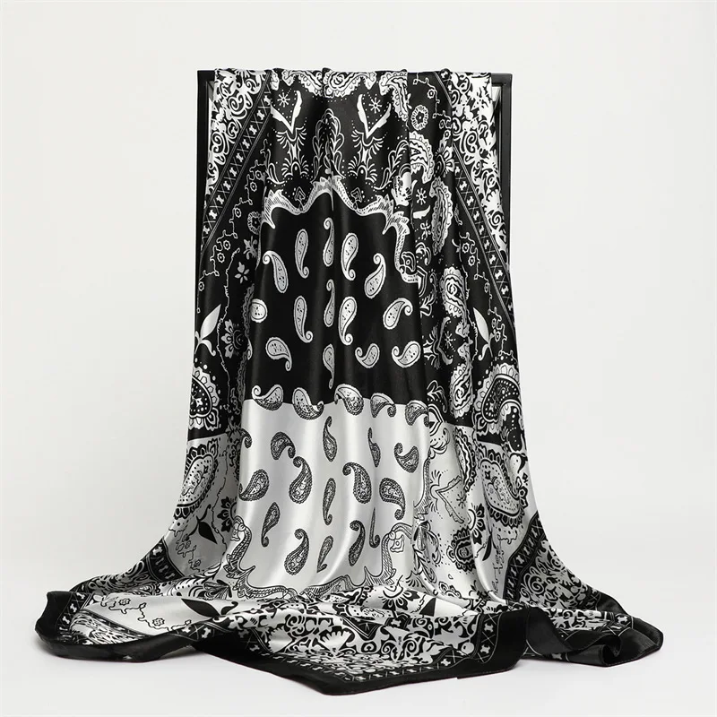 

90*90cm Female Black Paisley Printed Square Scarf For Women Silk Scarves Bandanas Luxury Large Shawl Beach Wraps Elegant Hijab