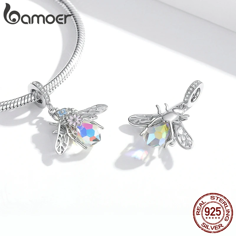 Bamoer 925 Sterling Silver Rainbow Unicorn Bead Crystal Heart Cat bee Butterfly Dolphin Charms Fit Bracelet DIY Necklace Jewelry