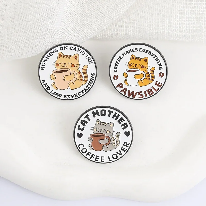 Cartoon Coffee Cat Enamel Brooch Lapel Pin Fish Tank Hair Dryer Window Sill Sword Cute Pet Cat Metal Badge Jewelry Friend Gift