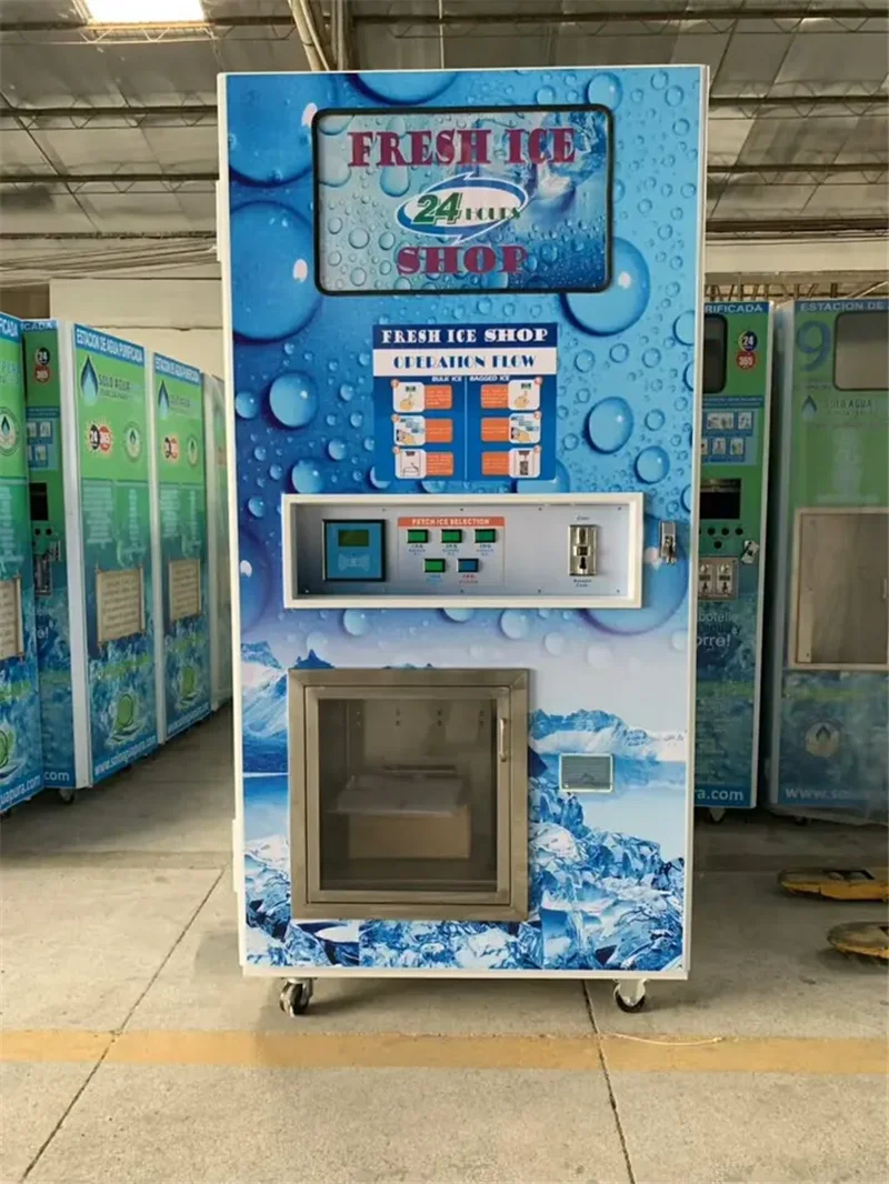 Smart Coin Operated Nugget Ice Cube Maker Machine Vending Kiosk Commercial Ice Cube Machine Block Ice Plunge with auto bagging